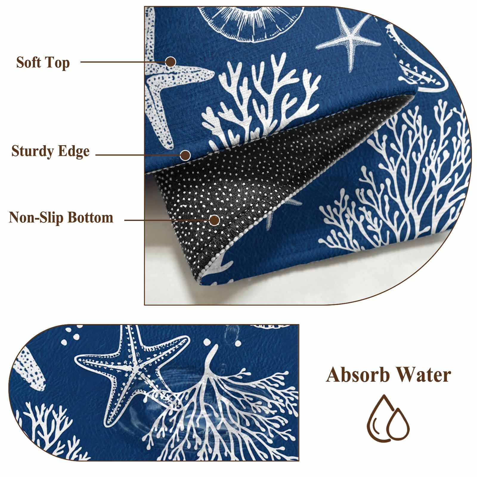 Navy Blue Coastal 2'x6' Runner Rugs for Hallway Kitchen Bedside Non Slip Washable, Nautical Beach Starfish Coral Summer Entryway Rug Runners with Rubber Backing, Long Carpet Runner for Laundry Room