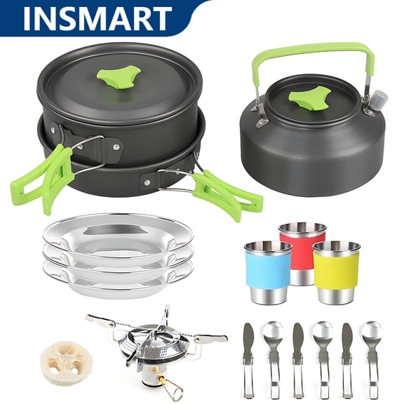 INSMART 19Pcs Camping Cookwares Mess Kit, Compact Outdoor Cooking Kit with Stainless Steel Cups, Plates, Knife, and Spoon. Ideal for Camping, Hiking, Backpacking, and Survival