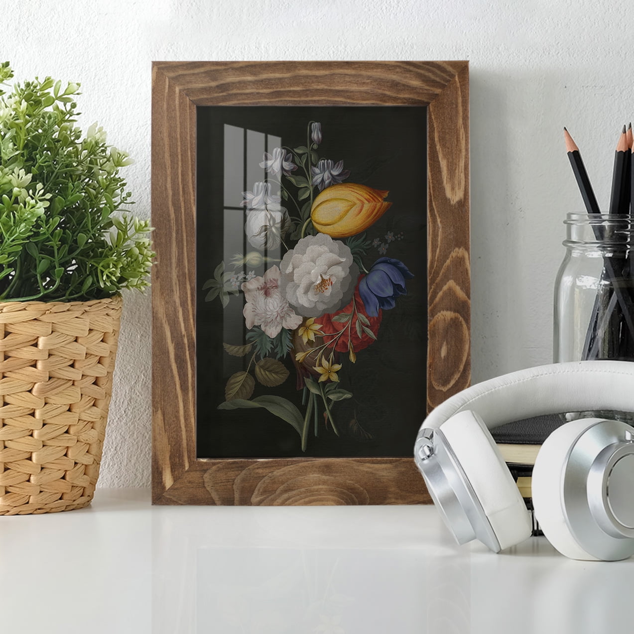 Dramatic Bouquet III -Framed Print w/glass-Walnut
