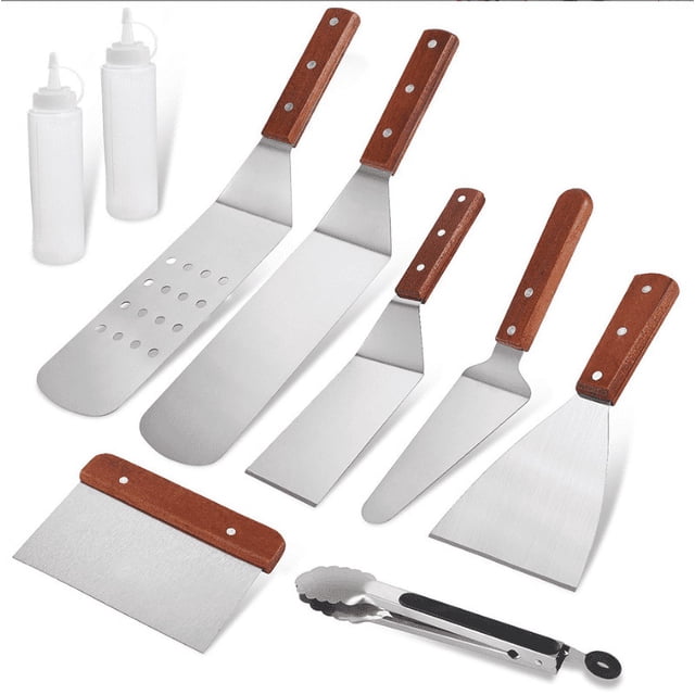 9Pcs Set Spatula Plancha Accessories Set, Stainless Steel Barbecue Utensils Kit Professional BBQ Plate Teppanyaki Tools for Grilling, Flat Cooking, Hot Plate Gift
