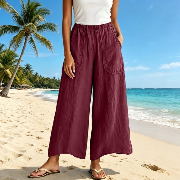 Xdegoge Palooza Wide Leg Pants Women Casual High Waisted Elastic Waist Trousers with Large Pockets Loose Fit Relaxed Lounge Summer Beach Bottoms