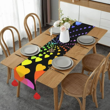 

Rainbow Hearts Table Runner Imitation Linen Table Runner With Red Tassels For Party And Dining Room 14 x 60