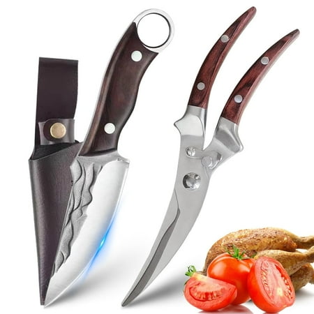 4.5-inch Full Tang Forged Butcher Knife with Leather Sheath High Carbon Stainless Steel Boning Knife Kitchen Knife for BBQ Camping and Outdoor