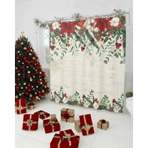 Polyester Fabric Christmas Poinsettia Shower Curtain, Xmas Botanical Pine Cones Waterproof Bathtub Curtain Bathroom Decor Set with Hooks 72 x 84 Inches
