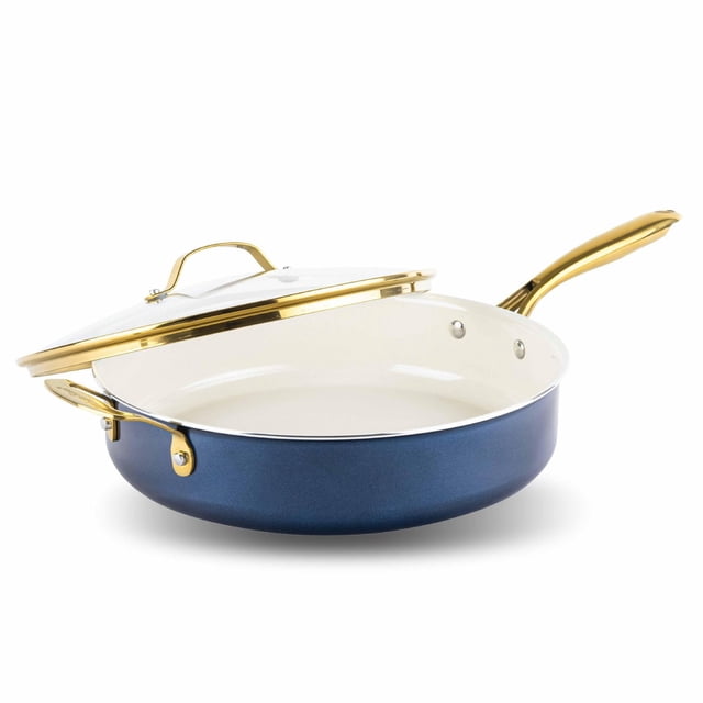 Gotham Steel Blue 5.5 Quart Heavy Duty Ceramic Nonstick Jumbo Cooker with Lid and Gold Handles, a deep blue aluminum pan with white ceramic nonstick interior, gold stay-cool handles, and a glass lid with gold rim, suitable for even heat cooking on multiple stovetops and dishwasher safe, often used for stews, sauces, and one-pan meals.