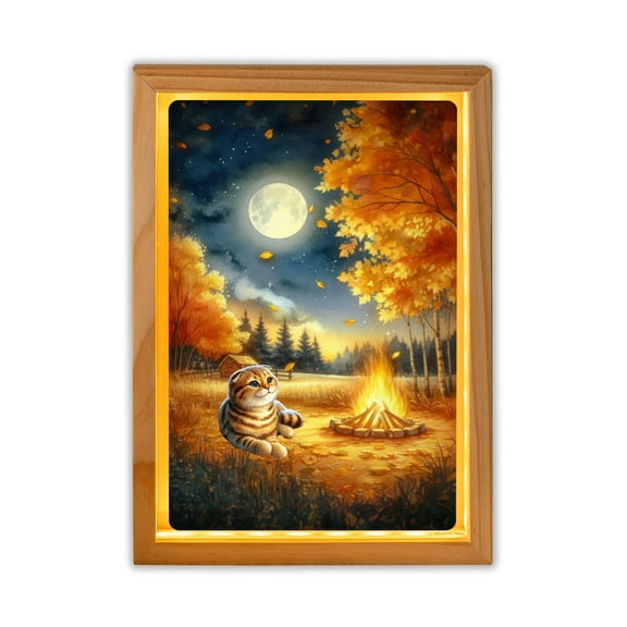 Hello Fall Scottish Fold Enjoys Warm Campfire Autumn Night Bright Moon Acrylic Plaque with Wood Photo Frame Box Cat Lover Kitten Owner Gifts Light Box - 01008