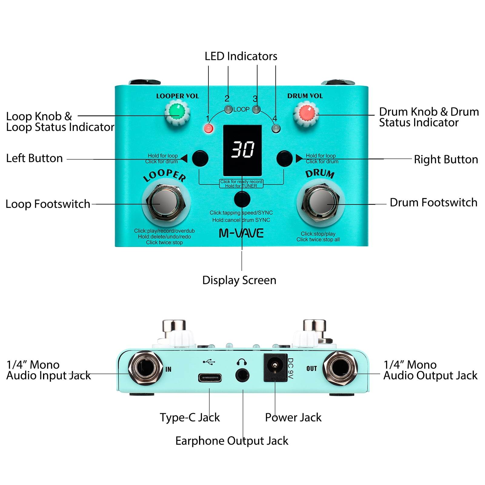 VAVE Effect maker,30 Drums 4 Looper Pedal Tuner Adjustable Speed Pedal Drum Tempo 2-in-1 Looper Drum Drums 4 Loops Looper 2-in-1 Looper Precision Tuner Adjustable Drum Looper Loops Precision Tuner