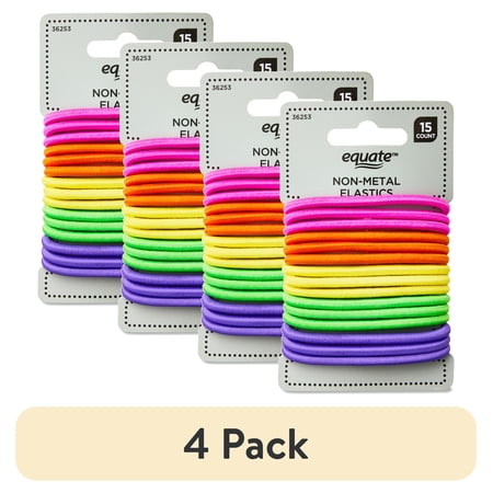 (4 pack) Equate Non-Metal Hair Elastics, Assorted Colors, for Ponytails, Braids, or Buns, Color May Vary, 15 Count