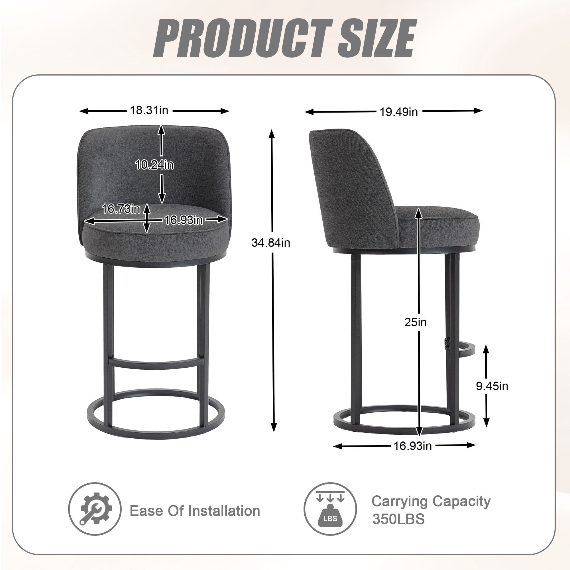 Sailvan Counter Height Bar Stools Set of 2,Modern Upholstered Linen Fabric Kitchen Island Stools with Barrel Backrest & Sturdy Metal Frame Gray
