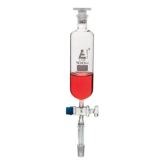 Dropping Funnel, 100mL - 14/23 Plastic Stopper, Glass Key Stopcock - Ungraduated - Cone on Stem - Cylindrical, Borosilicate Glass - Eisco Labs