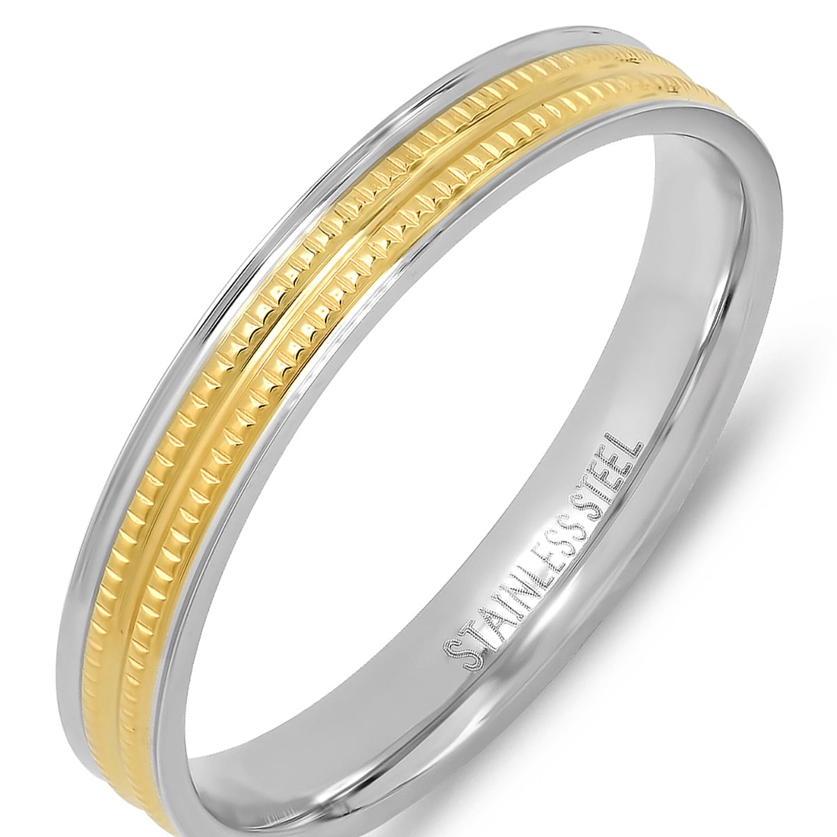 Men's Two Tone Stainless Steel and 18K Gold Plated Stainless Steel Double Milgrain Thin Band Ring