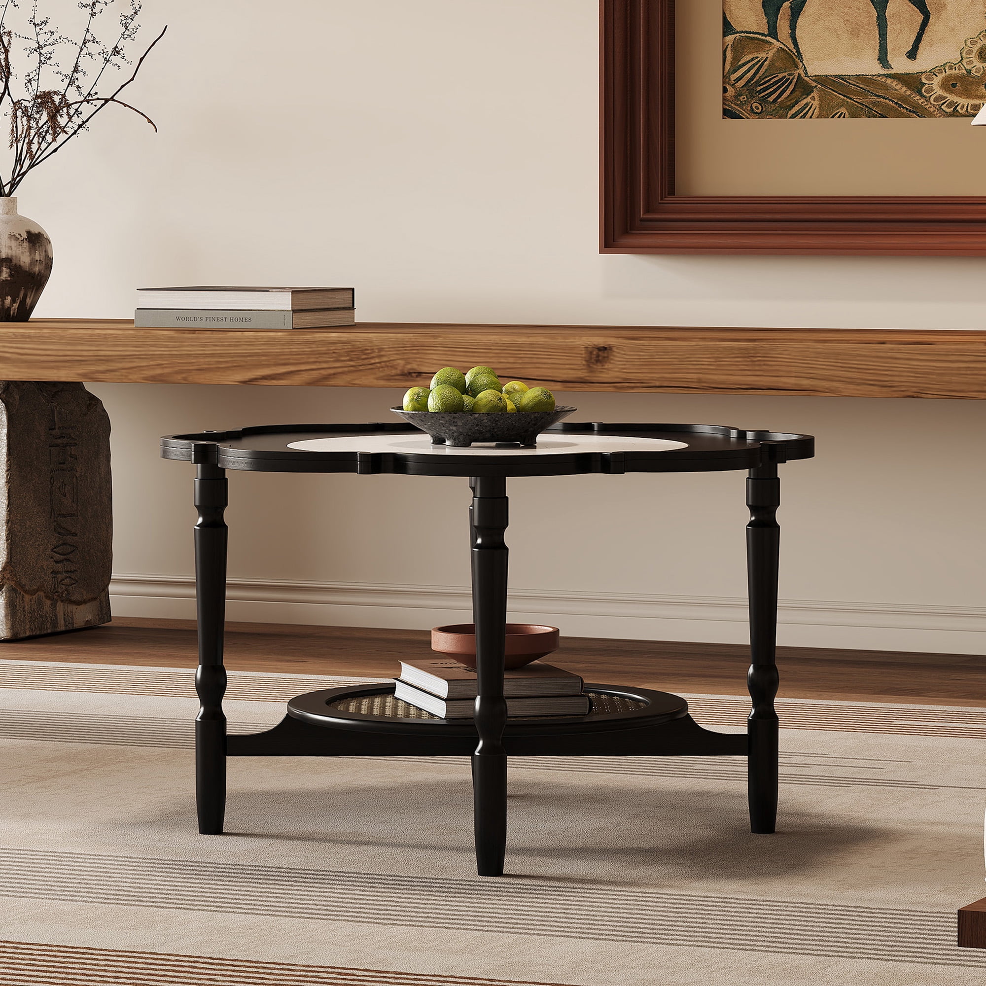 Mid-Century Style Coffee Table with Petal Shape and White Crackle Pattern Glass, 2-Tiered Coffee Table with Rattan, Black, 31.5"