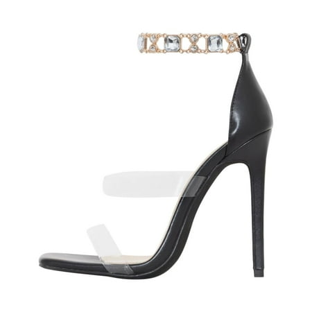 

Youmylove Women Fashion Casual Square Toe Rhinestone Clear High Heels Shoes Sandals Woman Comfort Footwear
