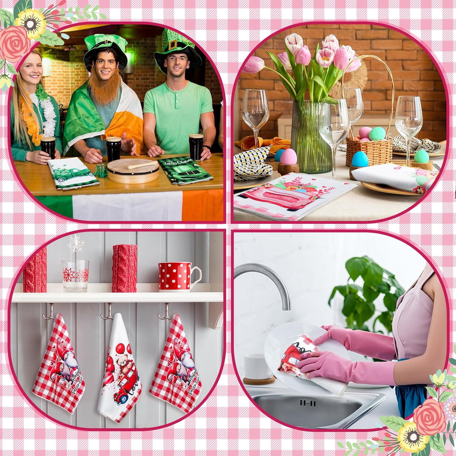 6 Pcs Easter Kitchen Towels St. Patrick''s Day Valentine''s Day Dish Hand Towels 23.62 x 15.75 Decorative Holiday Heart Gnome Shamrock Bunny Tea Dry Cloth‌ for Seasonal Kitchen Bathroom Decor
