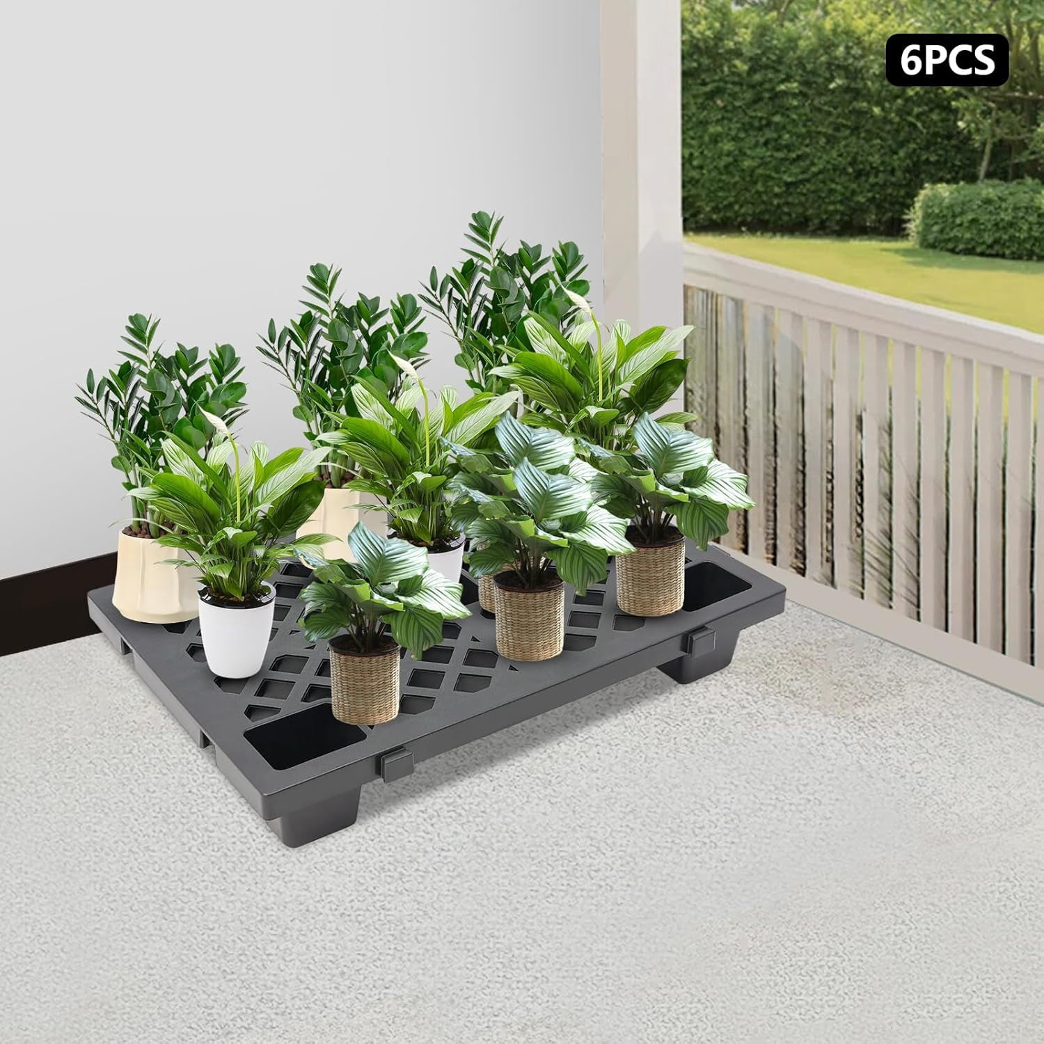 6 Pcs Plastic Pallets 15 x 24 Inch, Waterproof Stackable Storage Floor Pallet Basement Display Pad for Garage, Supermarket, Warehouse, Support Up to 220 Lbs Black