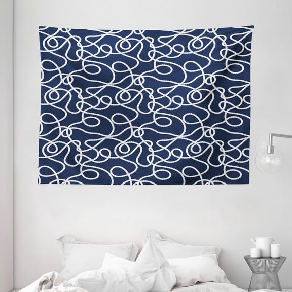 Navy Tapestry, Under the Sea Atlantic Ocean Inspired Tangled Boat Ship Marine Ropes Image, Wall Hanging for Bedroom Living Room Dorm Decor, 80W X 60L Inches, Navy Blue and White, by Ambesonne