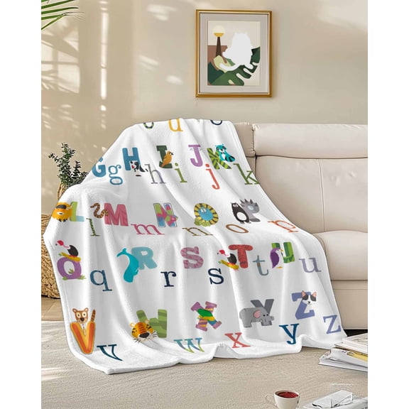 Throw Blanket Fleece Throw Blanket 50x60in, English Alphabet Cartoon Animal Soft Lightweight Bed Blankets Colorful Color Block Fuzzy Couch Blankets for All Season