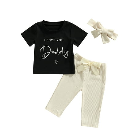 

Frobukio 3Pcs Infant Baby Girls Summer Clothes Sets Letter Short Sleeves T-shirt + Stretch Casual Pants + Headband Black 18-24 Months