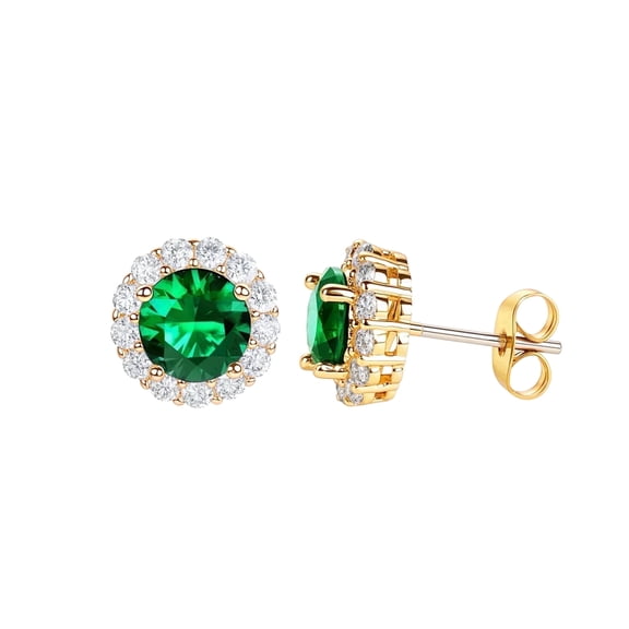 MENGLISI 14K Gold Plated Round Green Cubic Zirconia Halo Stud Earrings, Hypoallergenic 925 Sterling Silver Post for Women