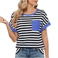 thumbnail image 2 of Women's Striped Short Sleeve Round Neck Pullover Sweatshirt Top Casual Loose Fit Pocket Design Comfortable Everyday Wear | CSEONE,White XL, 2 of 8