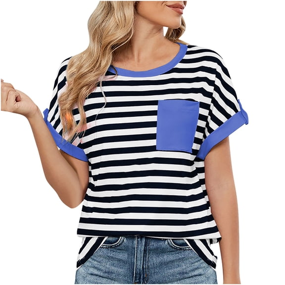 zbxnLI Women's Casual Striped T-Shirts Short Sleeve Crewneck Color Block Pocket Summer Basic Tee Tops for Women