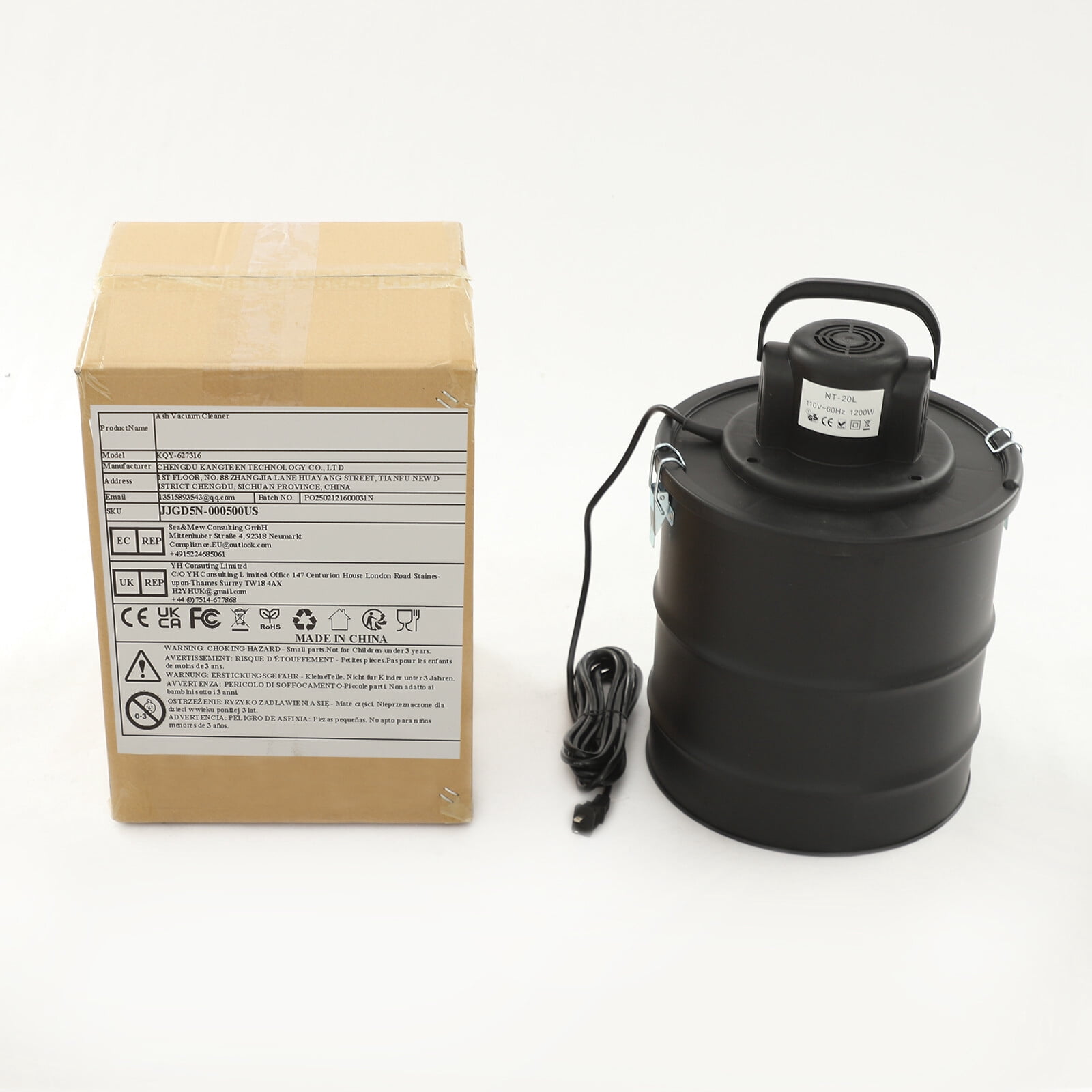 Miumaeov 1200W 18KPa Ash Vacuum Cleaner Fireplace BBQ Grills Ash Cleaning Machine with 20L Dust Collection Bin