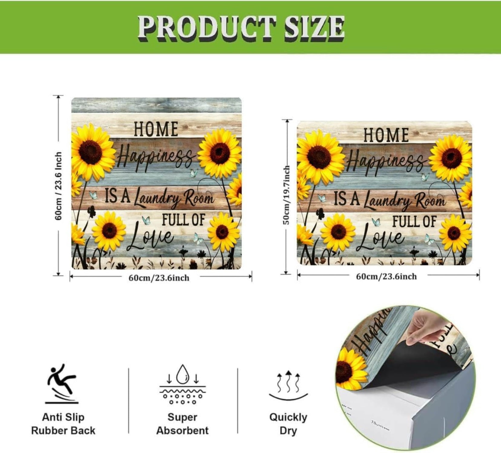 Vintage Sunflower Washer Dryer Top Cover, Retro Farmhouse Non-Slip Washing Machine Mat, Laundry Room Countertop Protector Pad, 23.6" x 19.7"