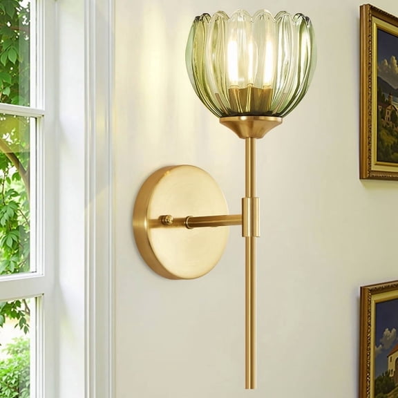 Deyidn 14.57" Vintage Iron Arm Wall Sconce, 1-Light with Green Tulip Glass Shade for Bathroom or Entryway