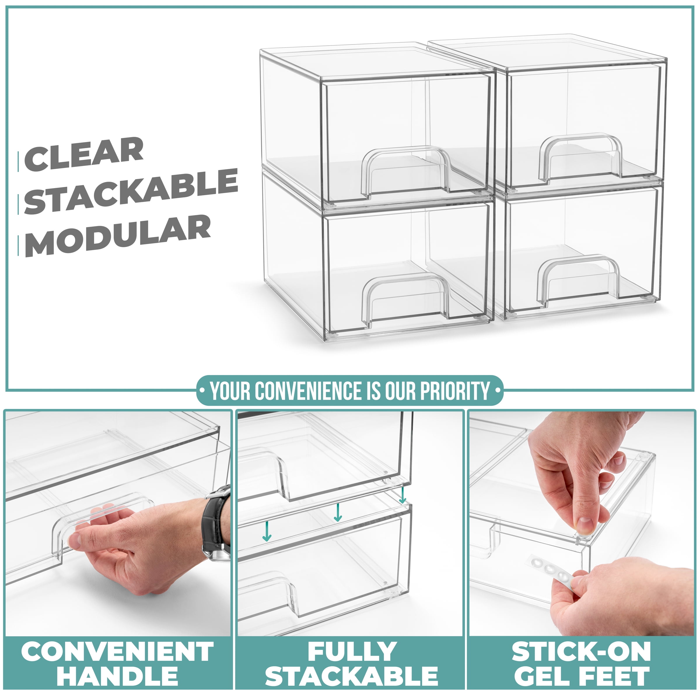 Sorbus Small Stackable Acrylic Storage Drawers 4-Pack Clear Organizer Bins for Baby Accessories