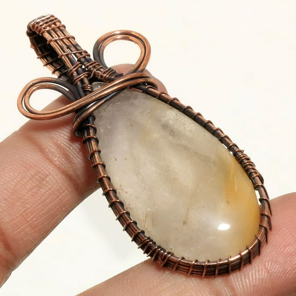 Golden Rutile Wire Wrapped Handcrafted Copper Jewelry Pendant 2.40" SA 1182