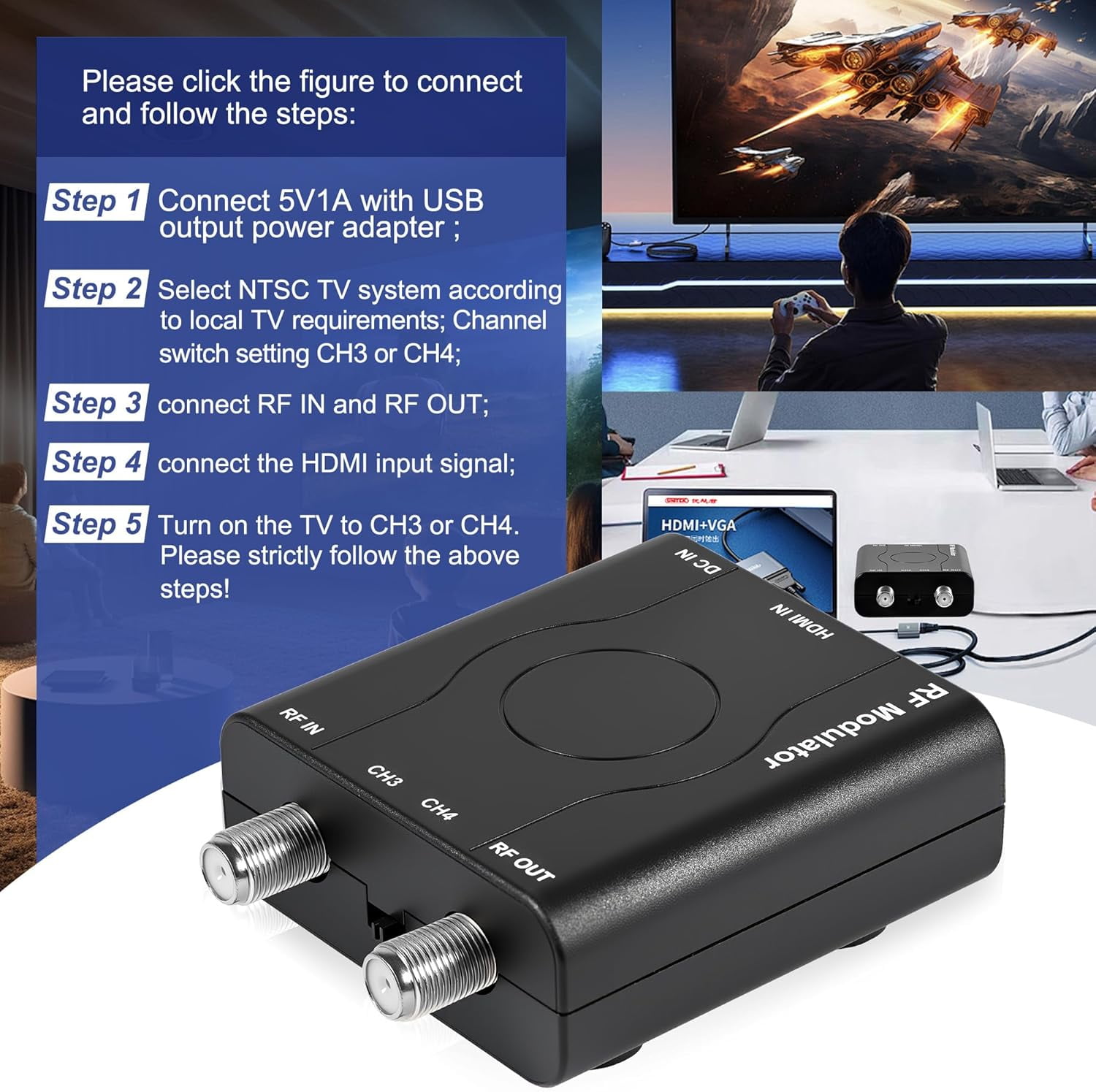 HDMI to RF Modulator, HDM61 VHF RF Converter – NTSC TV Adapter with 1080P PLL Control, Supports Game Consoles, PC, DVD, CCTV for Home TV
