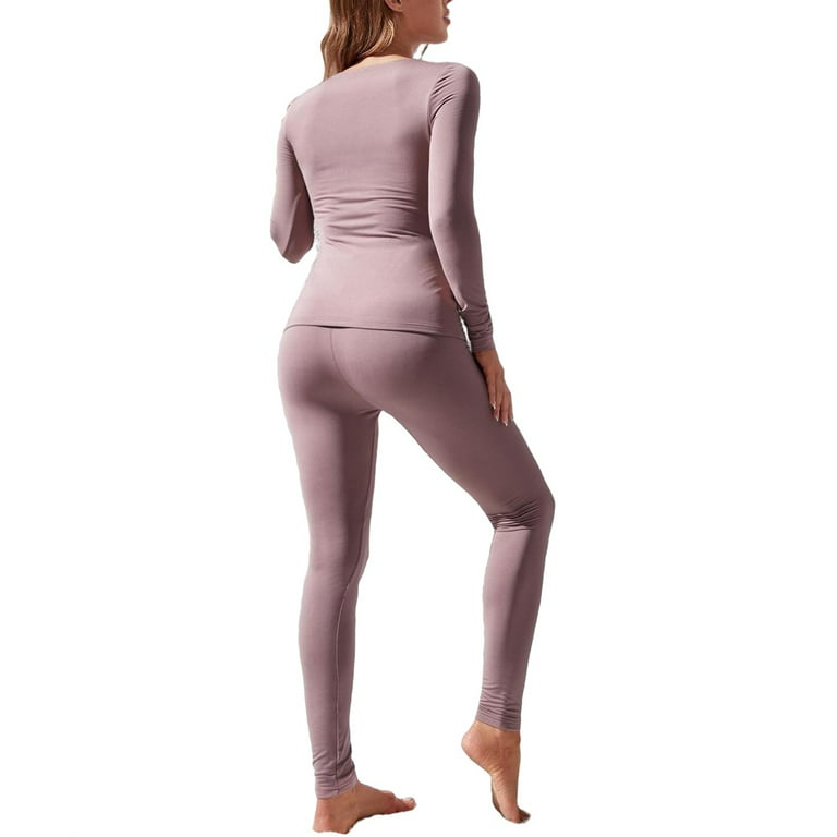 2pcs Set Casual Solid Sweetheart Neck Long Sleeve Mauve Purple Women's  Thermal Underwear (Women's)