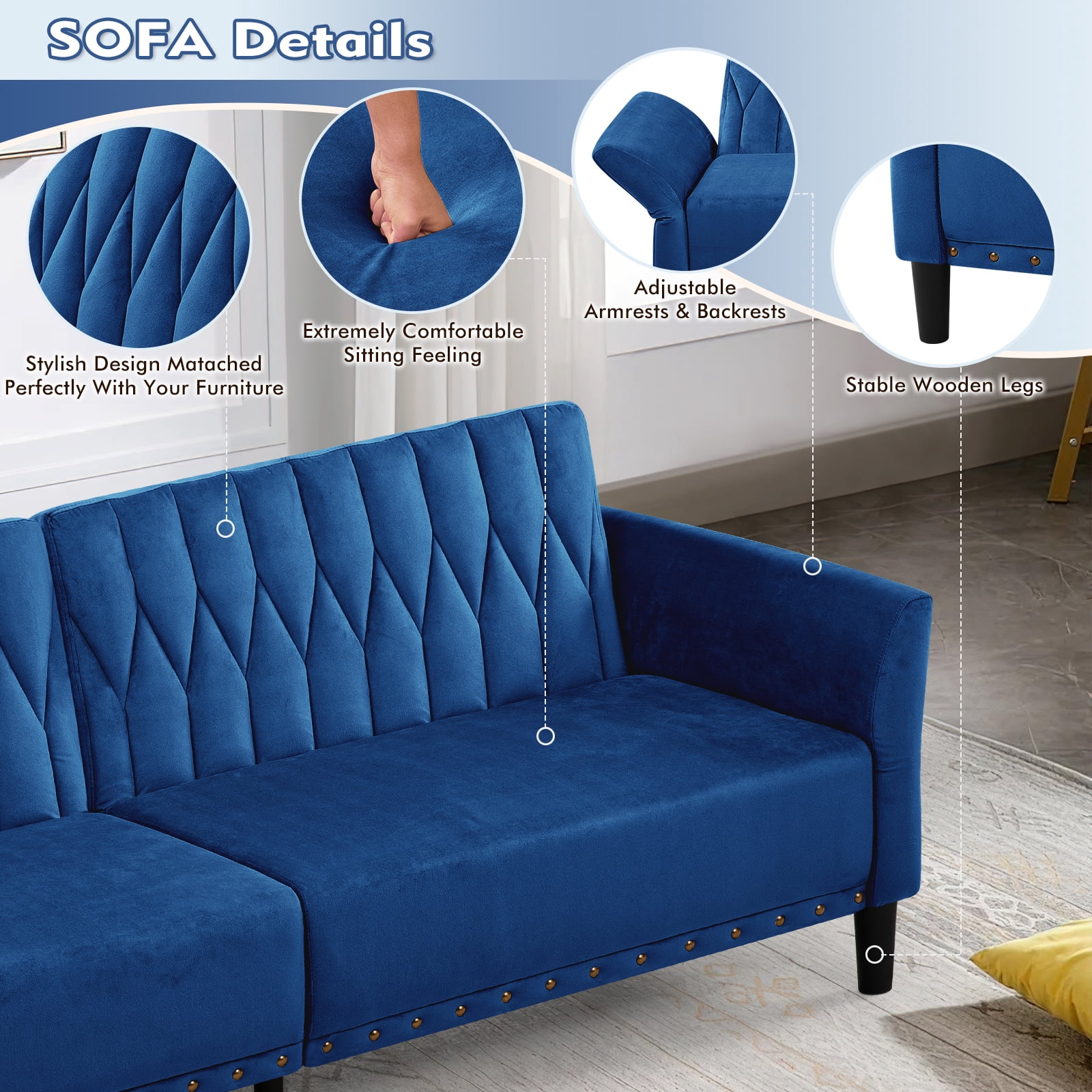 ACMEASE 77 Inches Velvet Sofa Bed w/Adjustable Backrests & Armrests, Tufted Sleeper Sofa Couch w/Nailhead Trim, Convertible Modern Recliner Loveseat for Living Room,Office, Blue