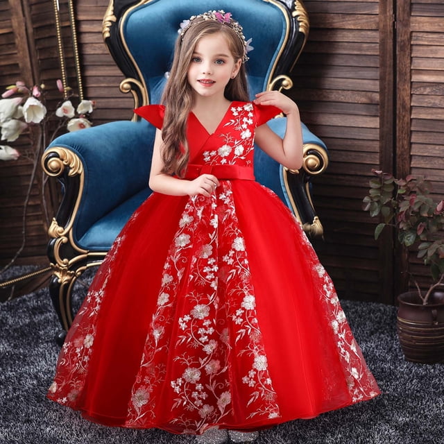 EGNMCR Vêtements pour Bébé Fille Robe Enfants Robe Sans Manches Princesse Nœud Papillon Dentelle Fleurs Robe en Tulle Robe Capitonnée