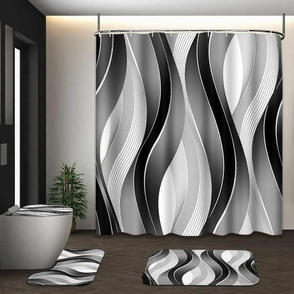 Grey Black Wavy Line Shower Curtain Set with Toilet Lid Cover and Non-Slip Rugs for Bathroom, Abstract Stripes 4 Pcs Shower Curtain, Modern Geometric Bathroom Set with 12 Hooks