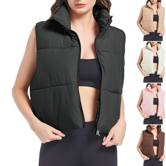 Aboser Womens Crop Puffer Vest Fashion Stand Collar Sleeveless Quilted Jacket Zip Up Bubble Vests Loose Fits Windproof Jackets Comfy Soft Short Outerwear