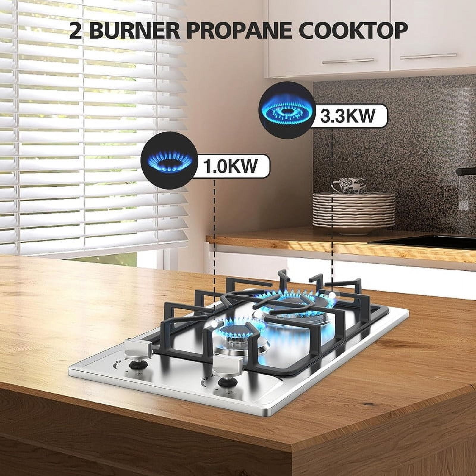 VBGK 2 Burner Gas Cooktop, 12-inch Stainless Steel Dual Fuel Propane Stove with Thermocouple Protection for Home, Apartment, and Outdoor Cooking