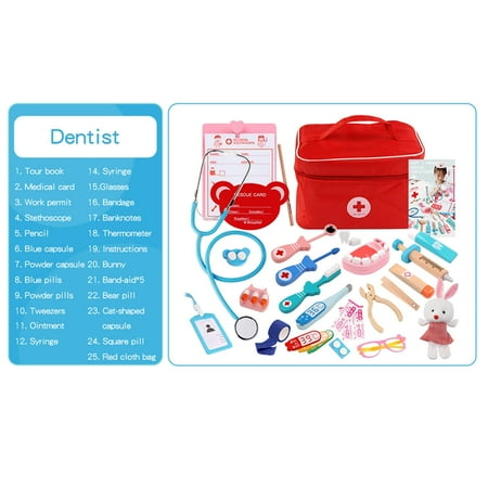 Doctor Kit for Kids - Dentist Play Set 25 Pcs Wood Medical Pretend Play Toys with Red Storage Box, Stethoscope and Other Accessories for Fun Role Playing Game Gift