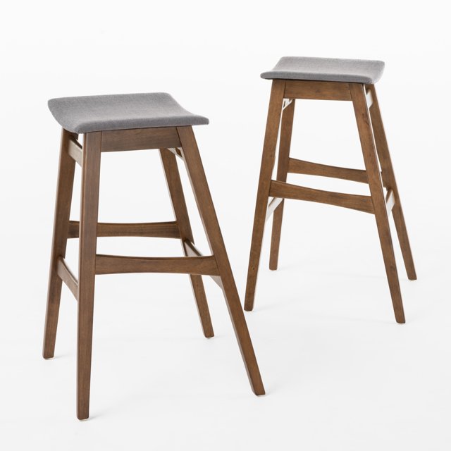 Hosk Fabric Backless Bar Stool, Set of 2, Dark Grey and Walnut Finish
