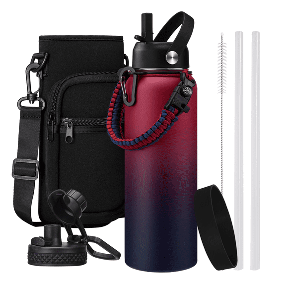 40 oz Water Bottles with Straw Spout Lid, Keep Cold 48h & Hot 24h, Stainless Steel Metal Flask, Leak Proof Insulated Water Bottle with Paracord Handle
