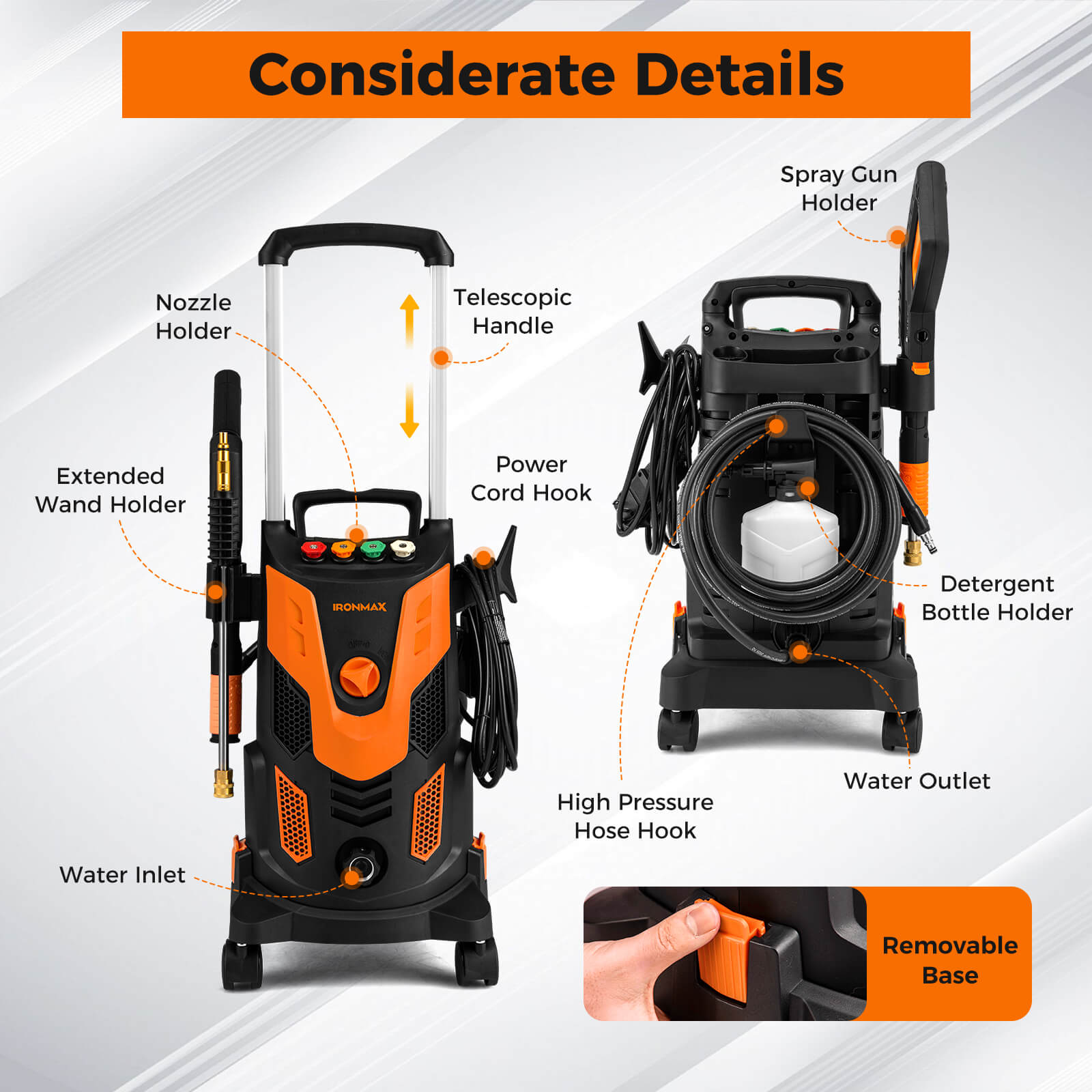 Ironmax Electric Pressure Washer with 4 Nozzles & Soap Bottle Lockable Wheels for Cleaning Orange
