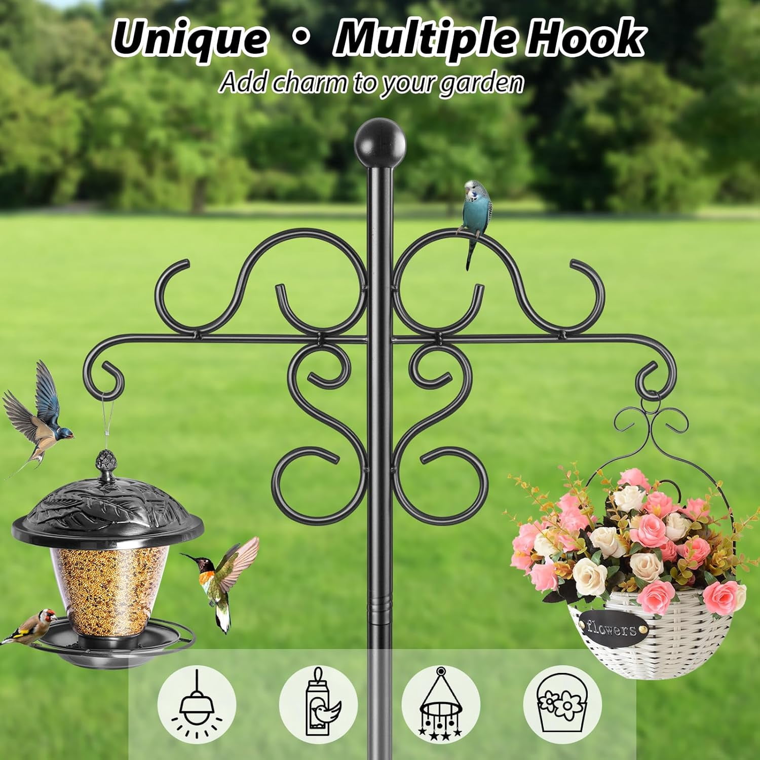 KOLAKO Bird Feeding Station, Heavy Duty Double Shepherds Hook, Metal Bird Feeder Pole Stand Free Standing, for Garden Lights Lantern,Plan Basket, 76 inch