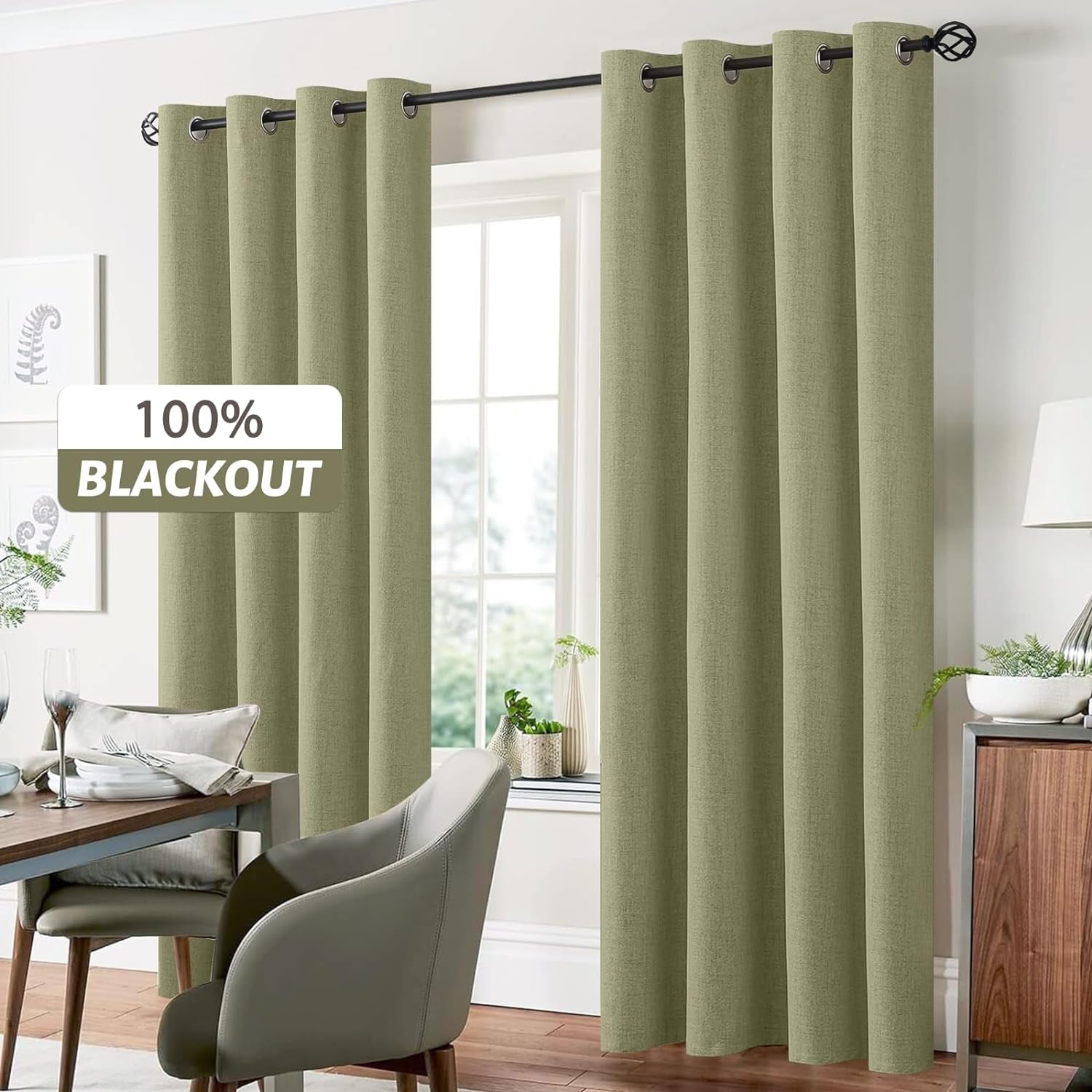 Yakamok Sage Green Linen Curtains 100% Blackout 84 Inches Long,Room Darkening Textured Curtains for Living Room Thermal Grommet Bedroom Curtains 2 Panels with Greyish White Liner