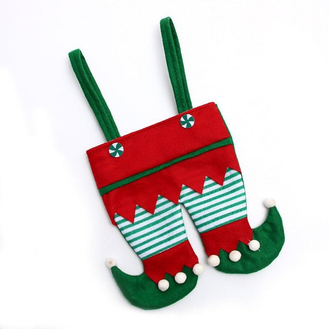 4 piezas de bolsa de dulces con forma de pantalones de elfo rojo navideño, calcetines de pie de elfo, bolsas de dulces, decoraciones navideñas, bolsa de regalo de galletas y dulces
