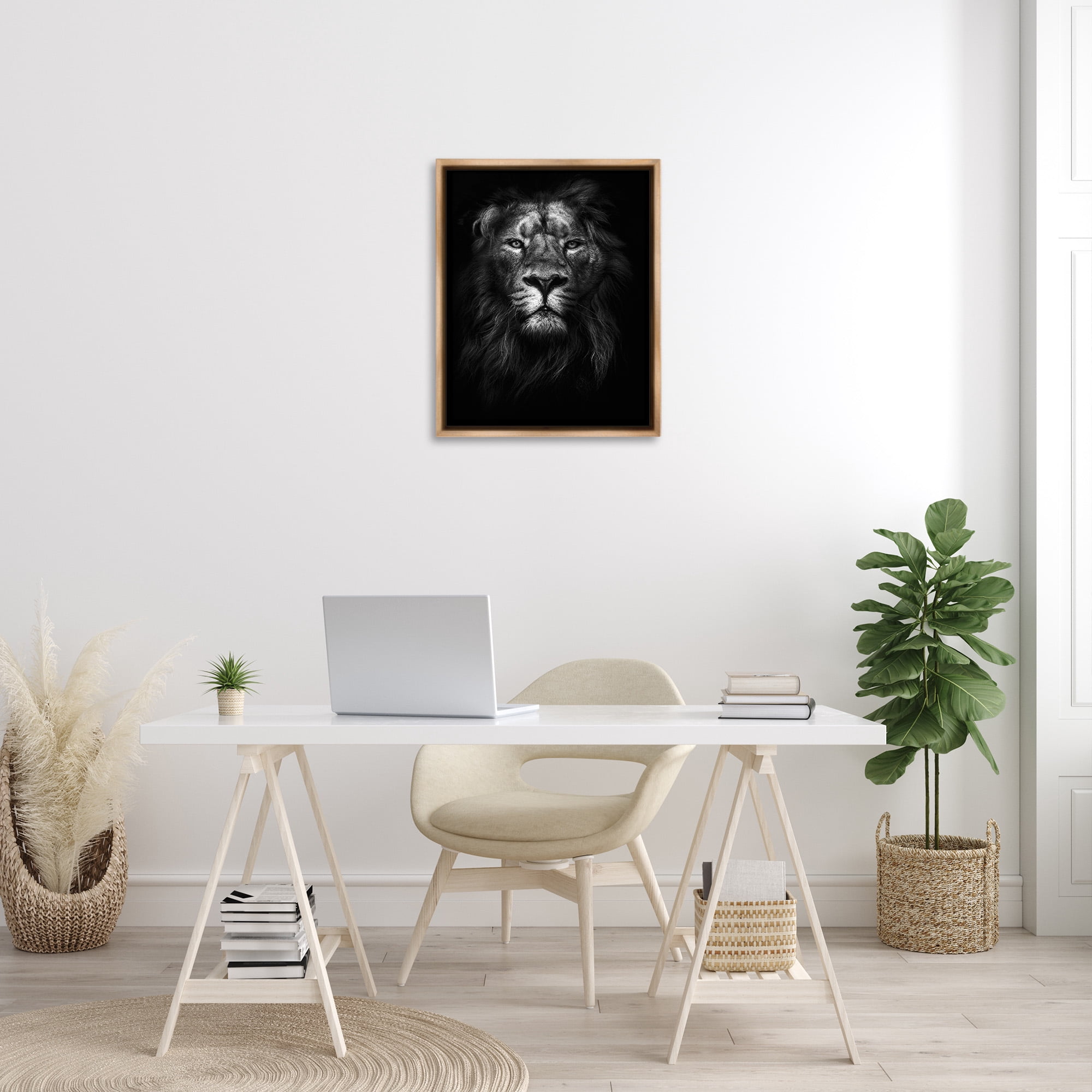 Stupell Industries Lion In Shadows Photography Animals & Insects Photography Brown Floater Framed Canvas Art Print Wall Art, 25 x 31