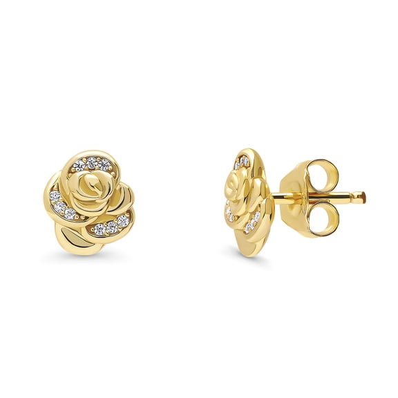 BERRICLE Sterling Silver Rose Flower Cubic Zirconia CZ Fashion Stud Earrings for Women, Yellow Gold Flashed