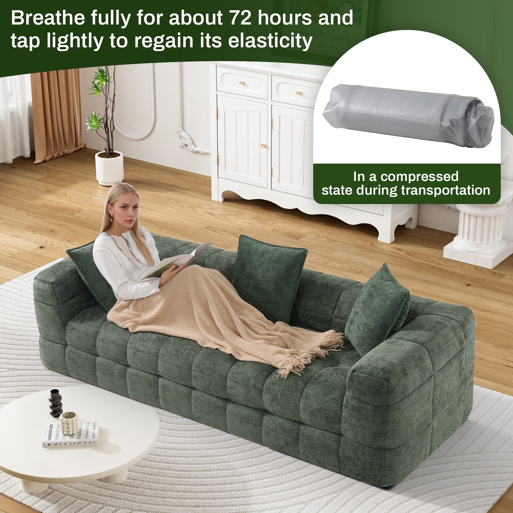Wiilayok 89.8" Cloud Sofa Couch,Chenille 3 Seater Deep Seat Couch, No Assembly Required,Olive Green