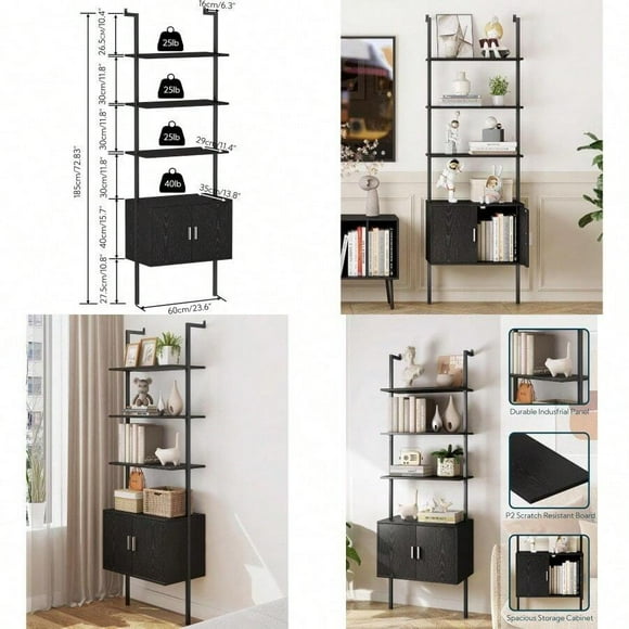 Yusong 73" Tall Bookshelf With Cabinet Industrial Ladder Wall Mount Shelf Bookcase With Wood And Metal Frame Plant Shelf Wall Storage Display For Living Room Bedroom Black Wood Grain