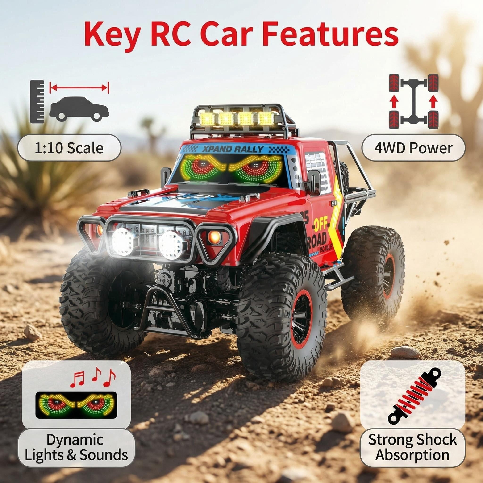 HNH 1:10 Big Remote Control Car for Kids, 4WD Off Road Rc Car Monster Truck with LED Light, Music, 25KM/H, 2 Batteries