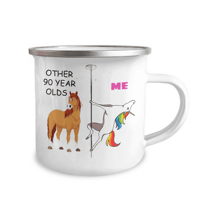 90th Birthday Unicorn Camper Coffee Mug - Other 90 Year Olds Me Unicorn Coffee Mug -12 Oz Stainless Steel Enamel Finish White Camper Coffee Mug